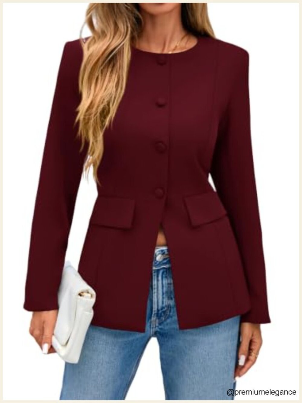 Women's Crew Neck Long Sleeve Blazer Button Down Suit Jacket
